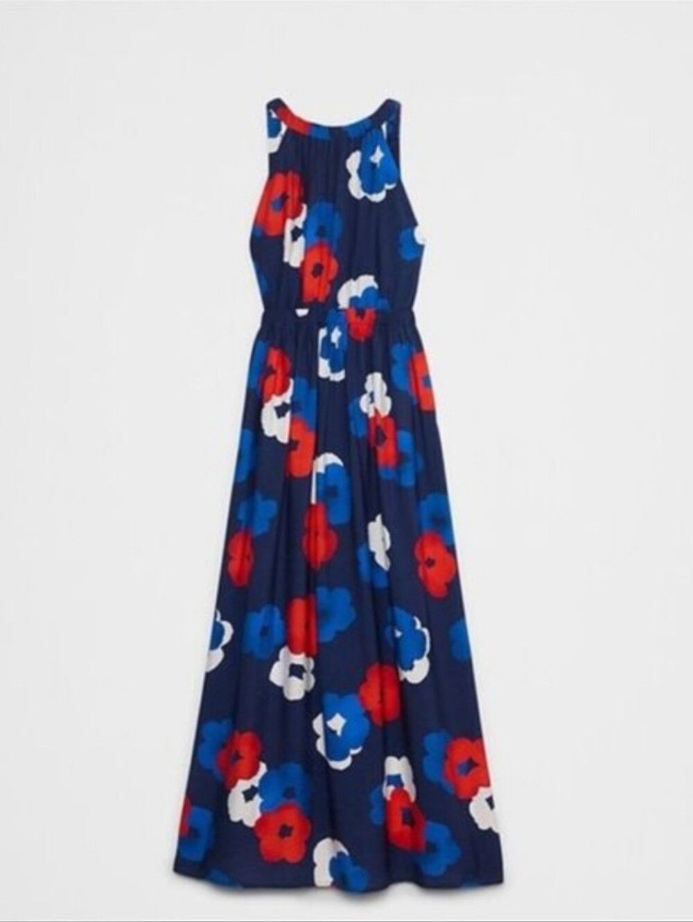 Banana Republic Navy Floral Halter Maxi Dress with Red, Blue & White Flowers M